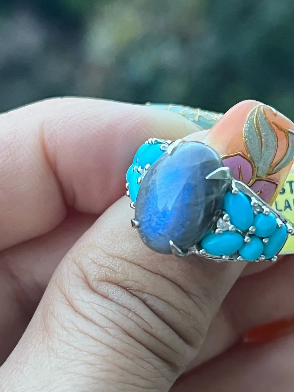 Sterling Silver Labradorite and Turquoise Statement Ring Size 6